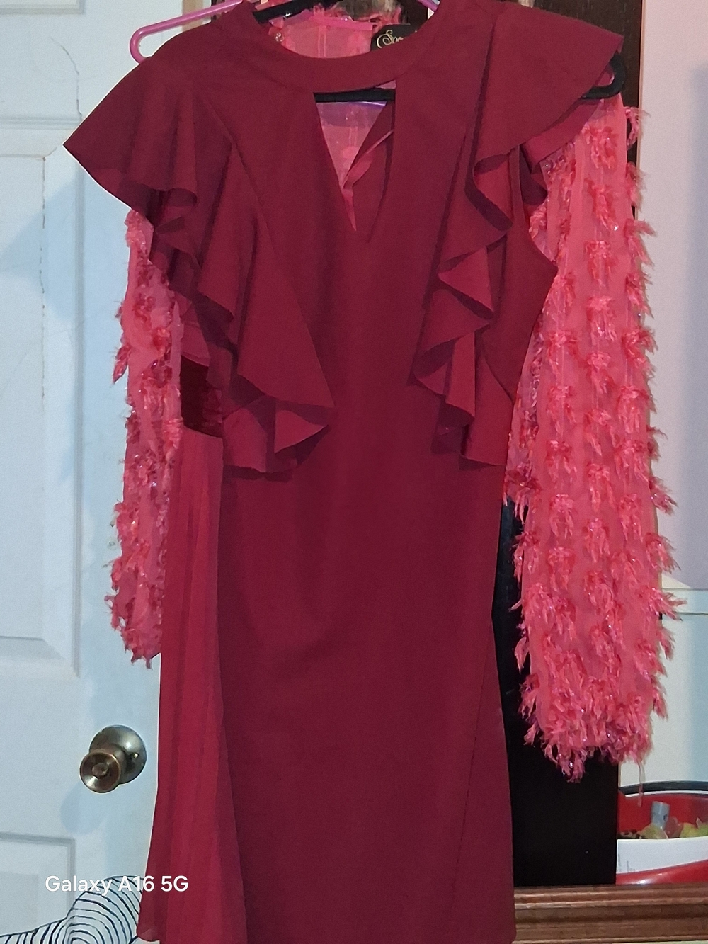 Ruffled Cap-Sleeve Womens Dress in Deep Wine